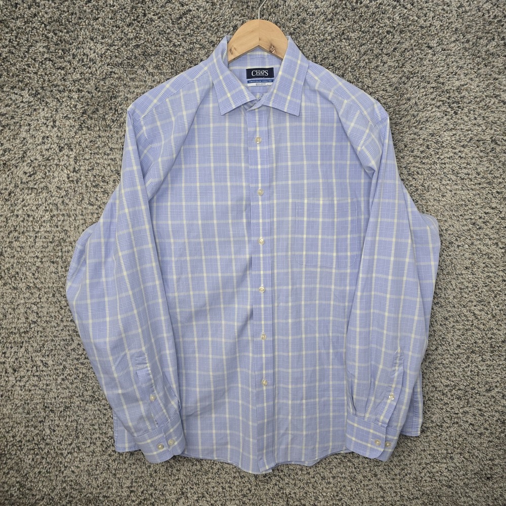 Chaps Dress Shirt Mens 17 34/35 Blue Plaid‎ Button Up Regular Fit Stretch Collar